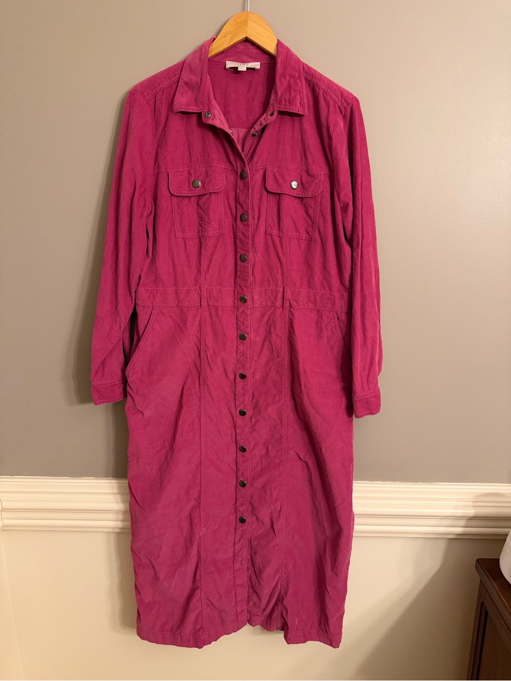 LOFT Magenta Corduroy Cargo Snap-Front Midi Shirtdress - Size 14